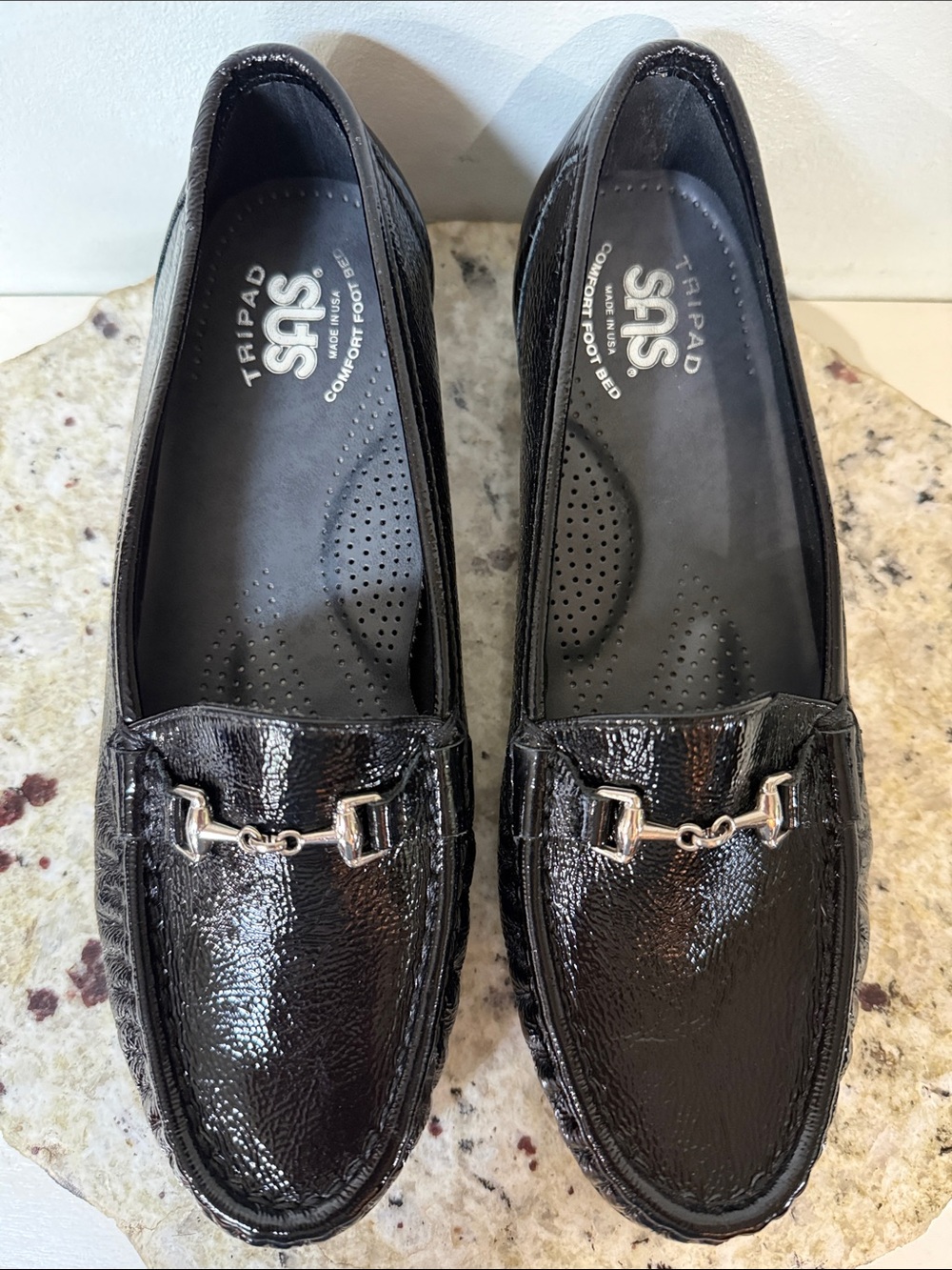 SAS Metro Slip On Loafer Black Patent Leather Bit Loafers Sz 7.5 M